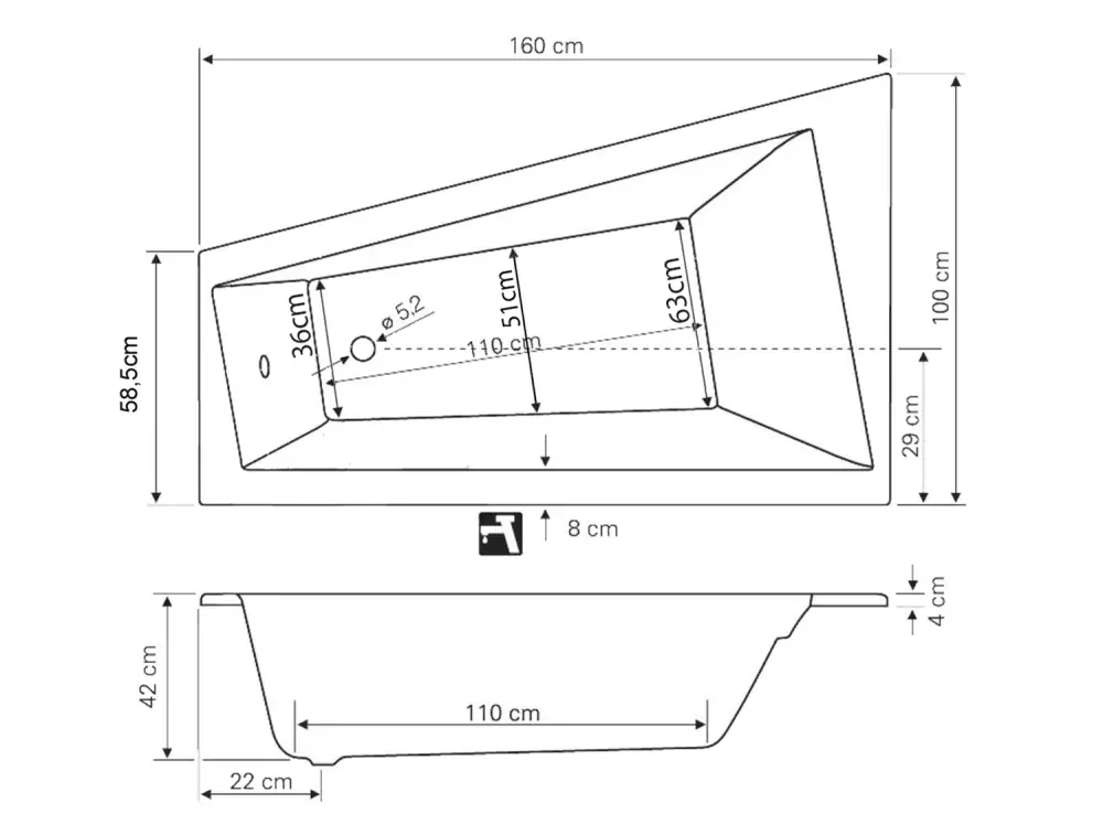 METUJE vana 160x100x42cm bez nožiček, levá, bílá
